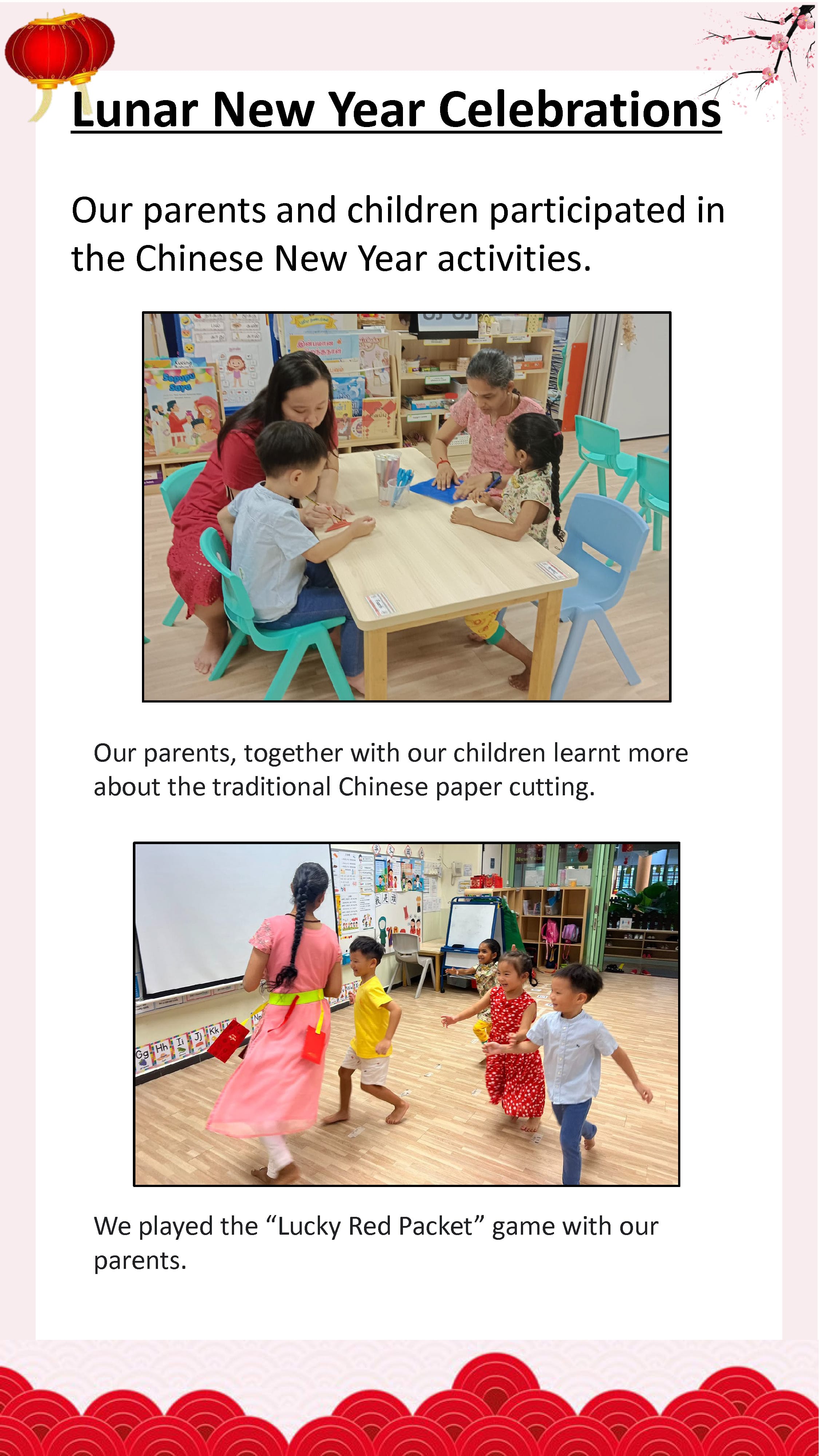 Children and parents explore paper cutting, play a Lucky Red Packet game, and celebrate Lunar New Year together.